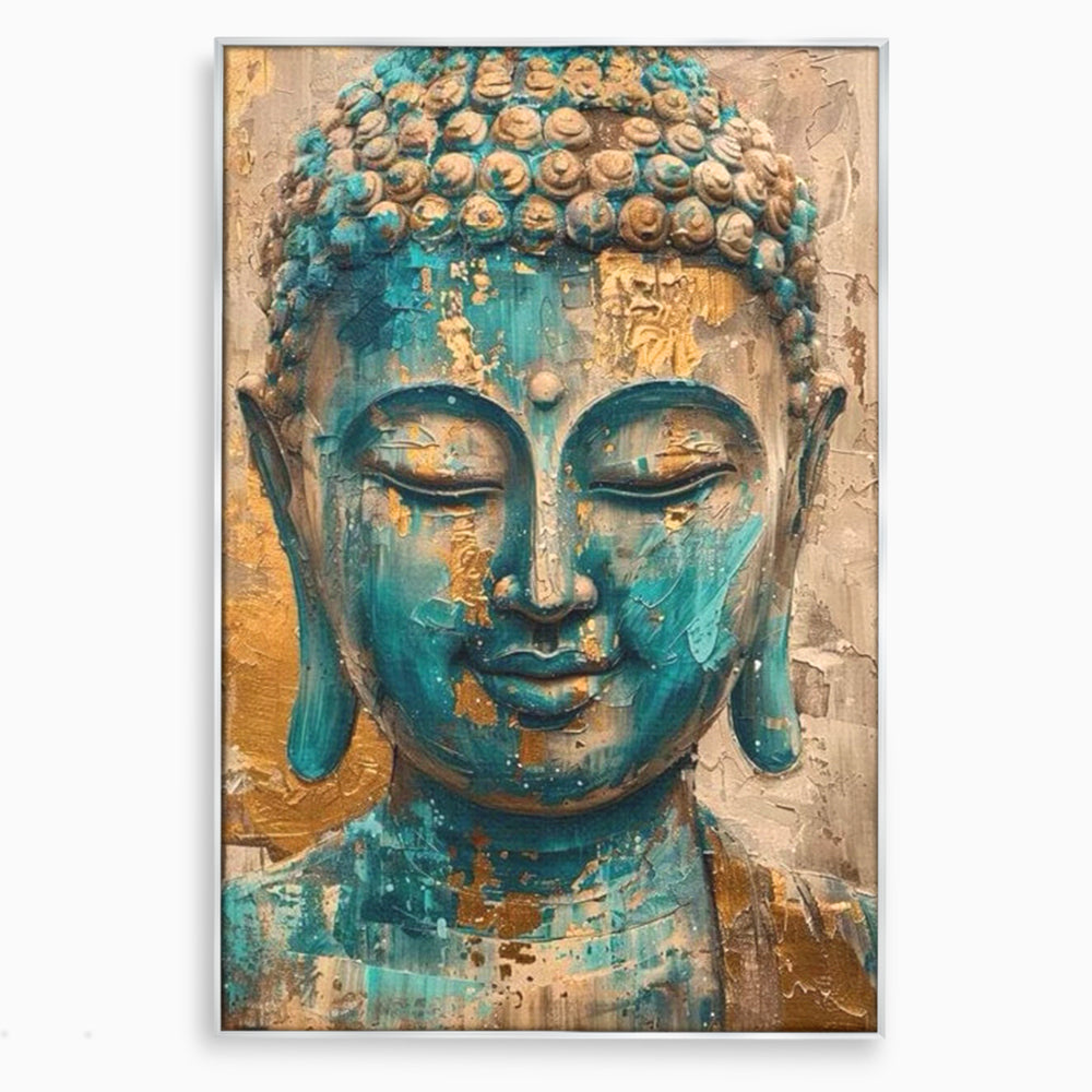 Tablou canvas cu tablou canvas cu capul lui buddha, in rama de aluminiu argintiu